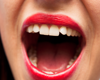 woman in red lipstick with mouth open