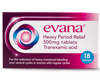 Box of Evana® Tranexamic Acid Heavy Period Relief 500 mg tablets.