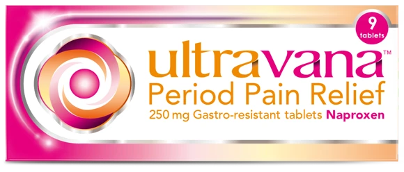 Box of Ultravana® Naproxen Period Pain Relief 250 mg Gastro-resistant tablets.