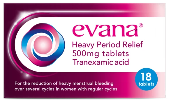 Box of Evana® Tranexamic Acid Heavy Period Relief 500 mg tablets.